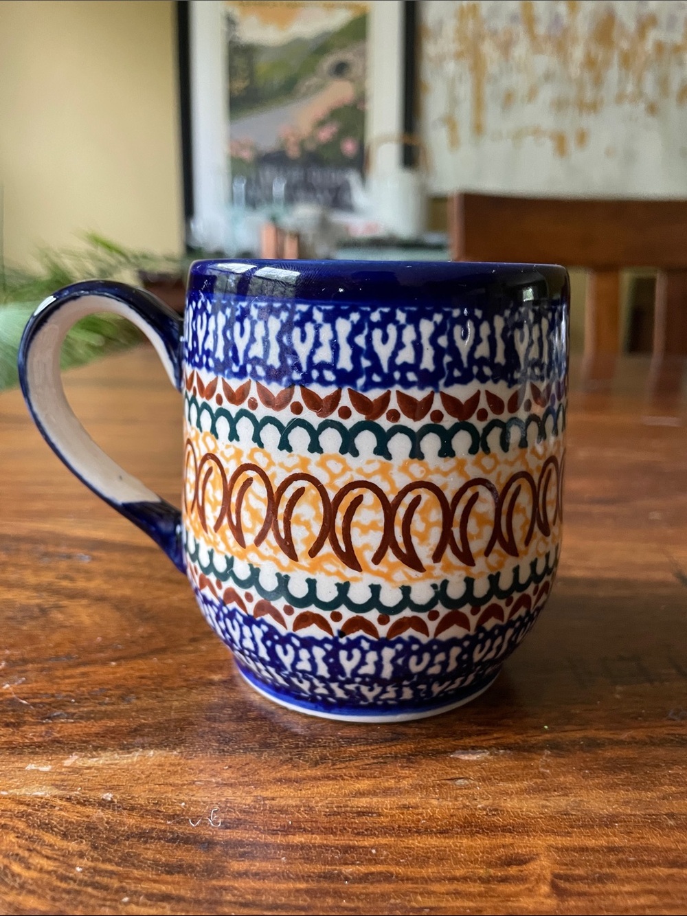 Polish Pottery Mug Bubble Potbelly Mug Blue Indigo Flowers Floral Design